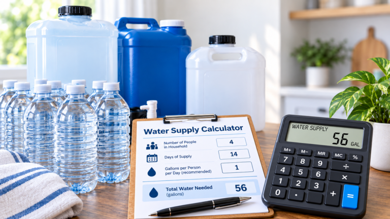 Water containers beside a calculator and a checklist showing 56 gallons for four people over 14 days.