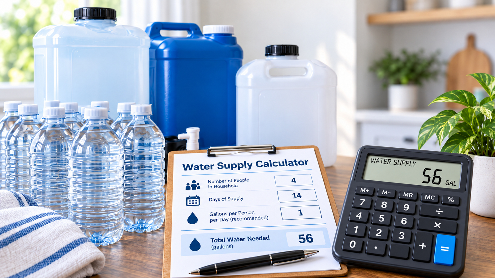 Water containers beside a calculator and a household water supply checklist.