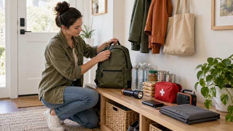 Apartment resident organizing compact emergency supplies beside the front door