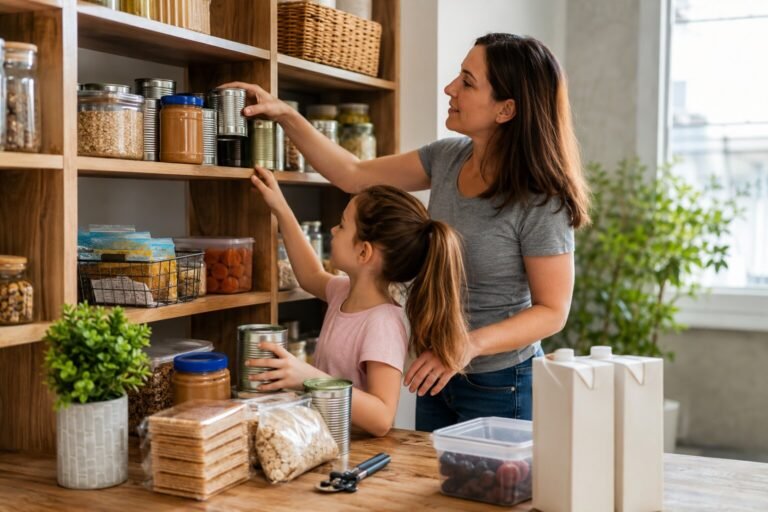 Mother and child organizing a practical emergency food supply in a home pantry
