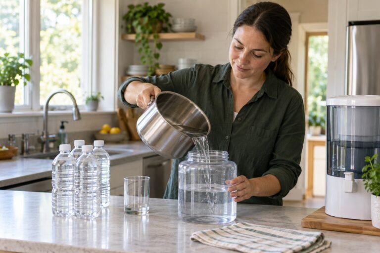 Parent pouring treated emergency drinking water into a clean food-grade container