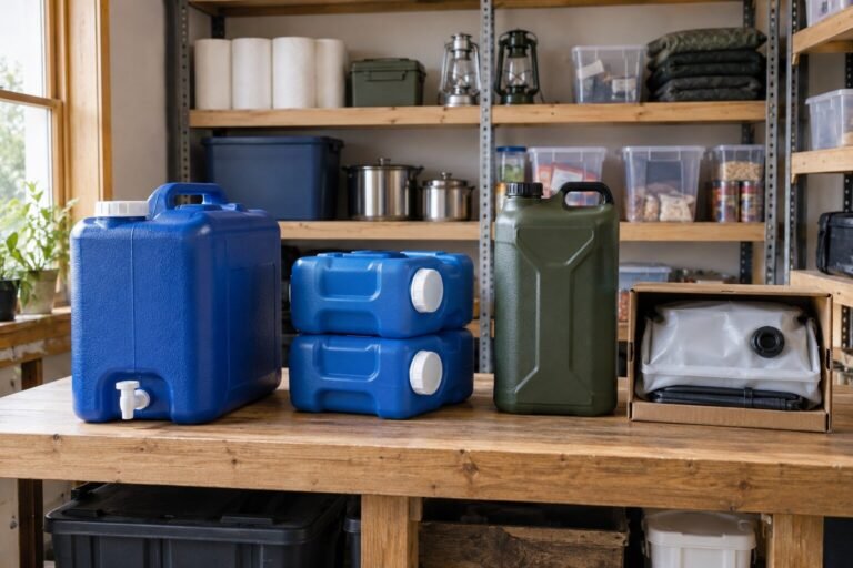 Four practical emergency water storage containers arranged in a home utility room
