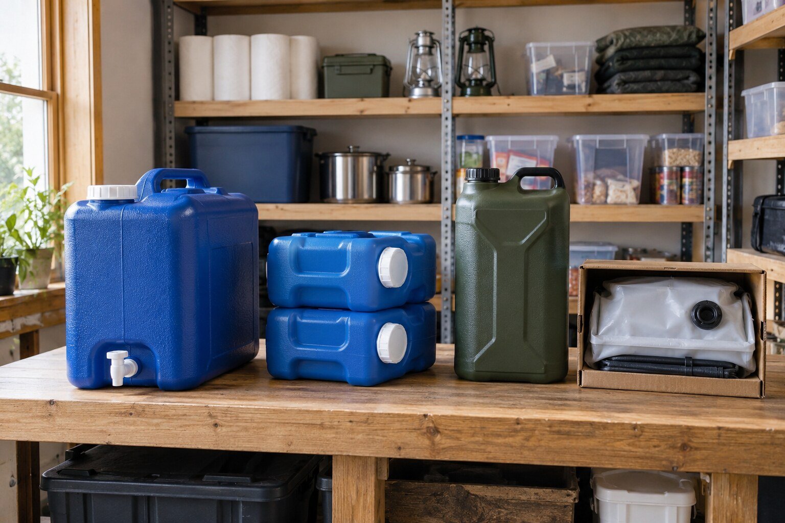 Four practical emergency water storage containers arranged in a home utility room