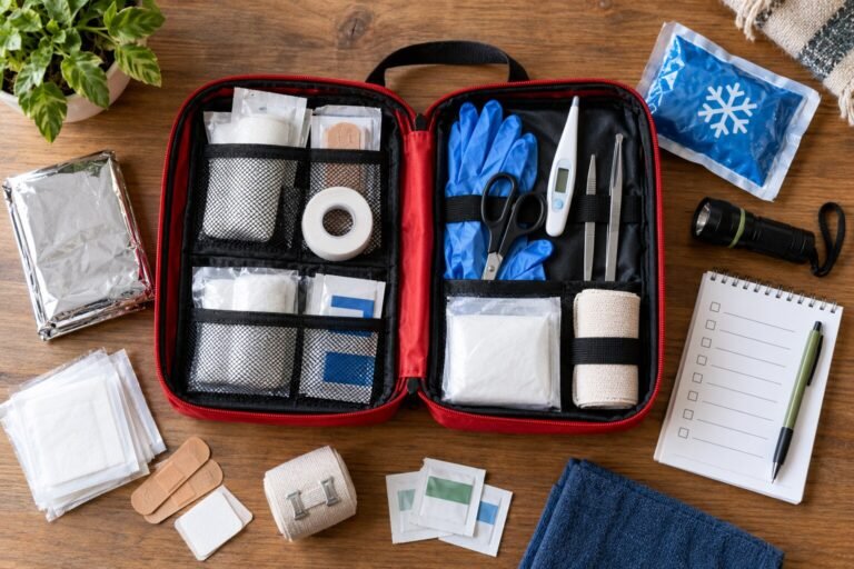 Open home first aid kit organized with bandages, gloves, tools, and emergency supplies