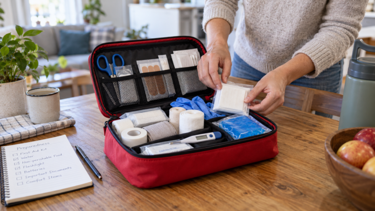 Open family first aid kit organized with bandages, gauze, gloves, scissors, and a thermometer