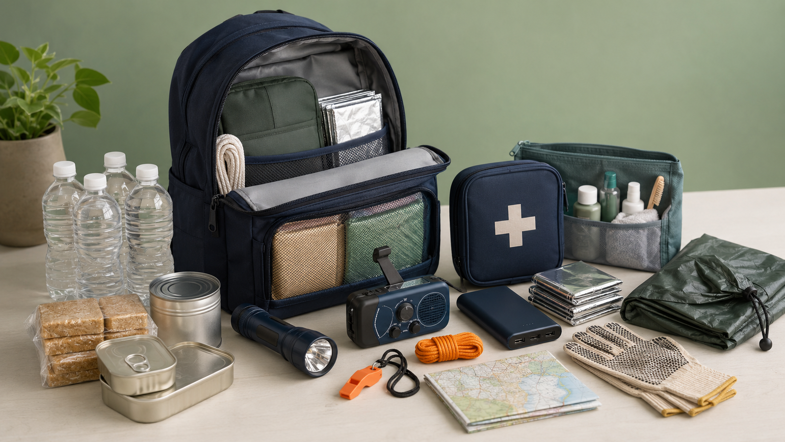 Family emergency kit with water, food, first aid supplies, radio, flashlight, and backpack