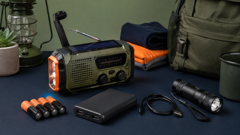 Emergency weather radio with hand crank, batteries, power bank, charging cable, and flashlight