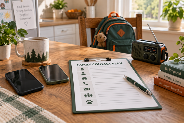 A family contact plan on a clipboard beside two phones, a portable radio, and a backpack.